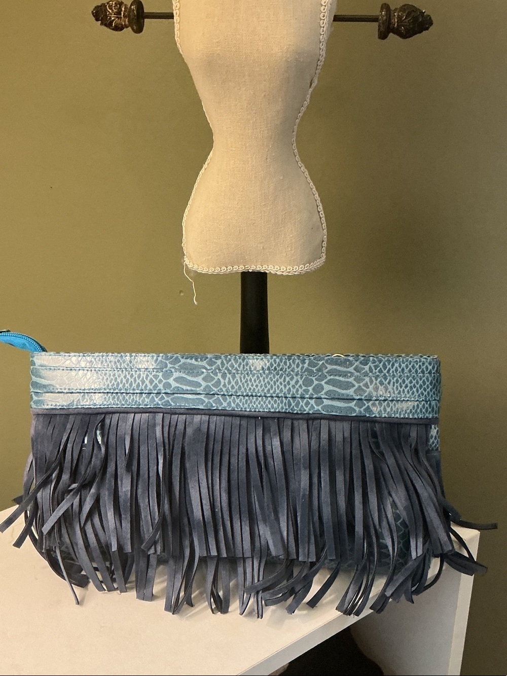 Bijoux Terner NWT Blue Snakeprint Leather with Fringe Clutch Wristlet